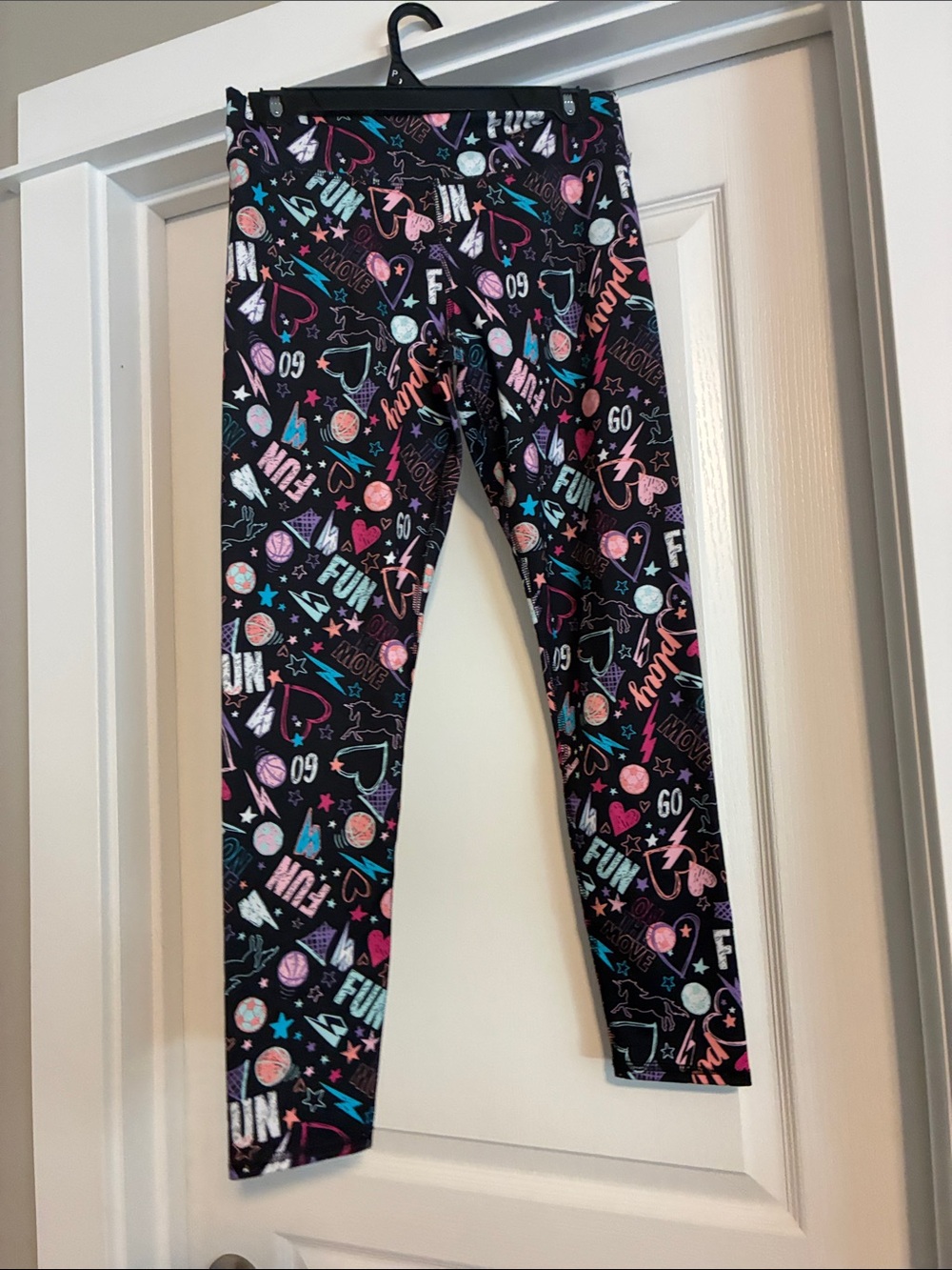 Athletic Works Black Leggings with Pink, Purple & Teal Graphic Print